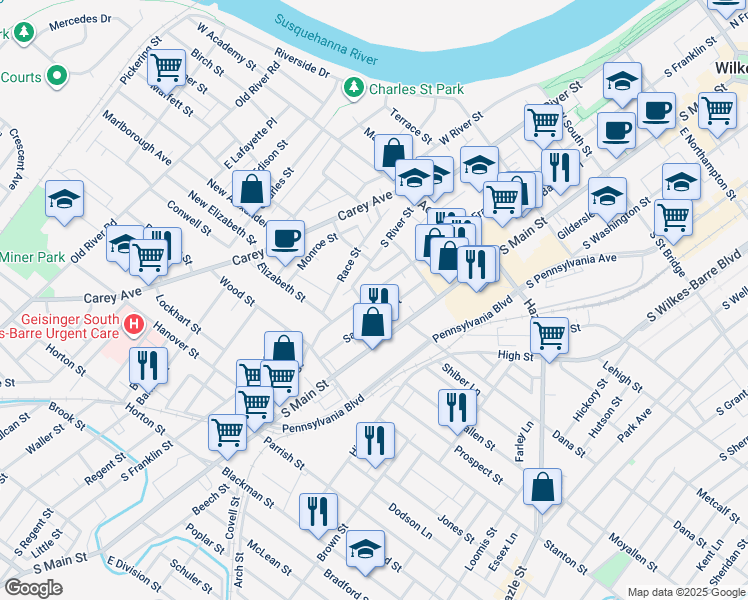 map of restaurants, bars, coffee shops, grocery stores, and more near 516 South Franklin Street in Wilkes-Barre