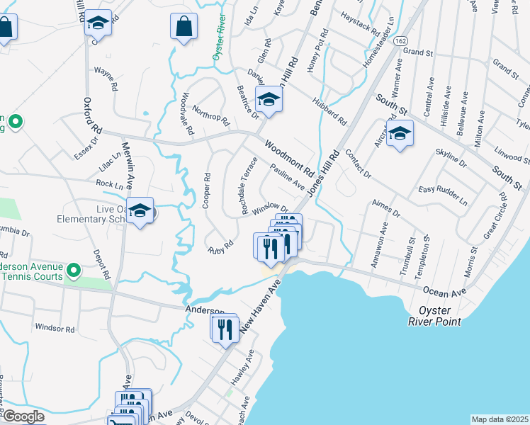 map of restaurants, bars, coffee shops, grocery stores, and more near 44 Winslow Drive in West Haven