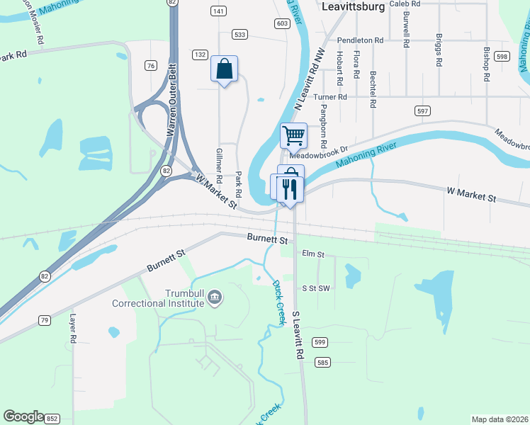 map of restaurants, bars, coffee shops, grocery stores, and more near 5148 West Market Street in Leavittsburg