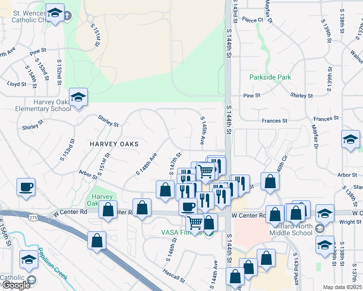map of restaurants, bars, coffee shops, grocery stores, and more near 14706 Harvey Oaks Avenue in Omaha