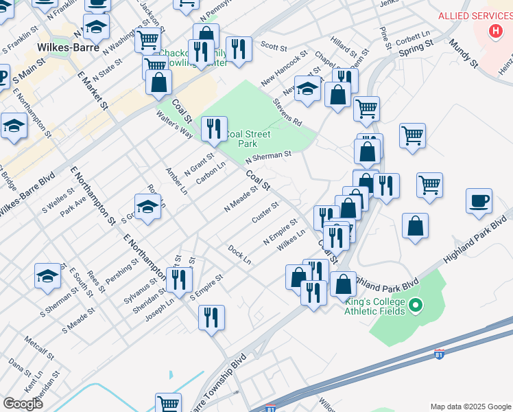 map of restaurants, bars, coffee shops, grocery stores, and more near 107 Logan Street in Wilkes-Barre