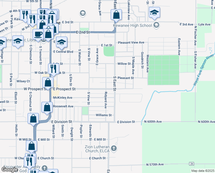 map of restaurants, bars, coffee shops, grocery stores, and more near 709 East Prospect Street in Kewanee