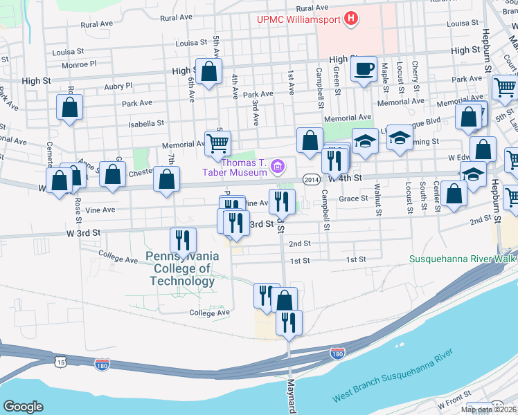 map of restaurants, bars, coffee shops, grocery stores, and more near 927 Vine Avenue in Williamsport