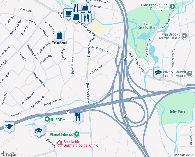 map of restaurants, bars, coffee shops, grocery stores, and more near 2750 Reservoir Avenue in Trumbull