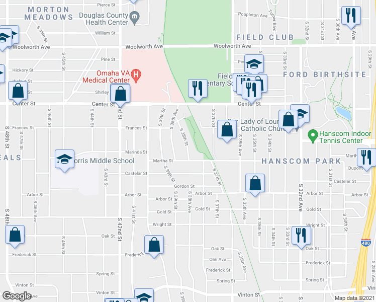 map of restaurants, bars, coffee shops, grocery stores, and more near South 38th Street in Omaha