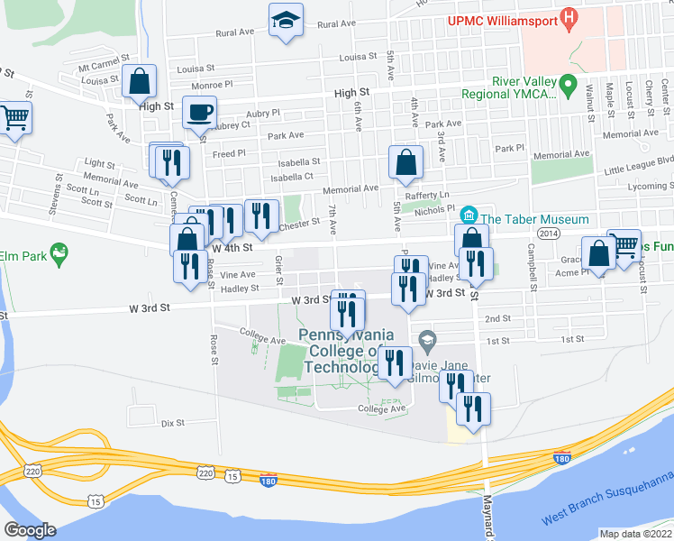 map of restaurants, bars, coffee shops, grocery stores, and more near 312 Susquehanna Street in Williamsport