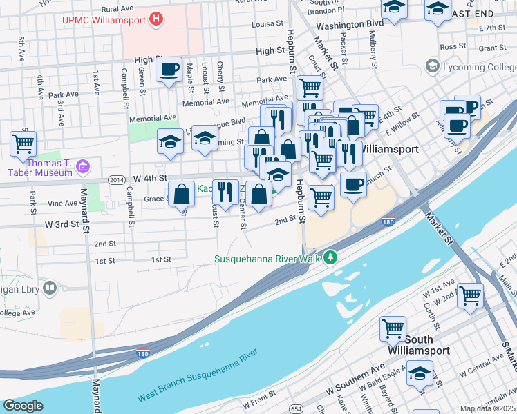 map of restaurants, bars, coffee shops, grocery stores, and more near 347-399 West 3rd Street in Williamsport