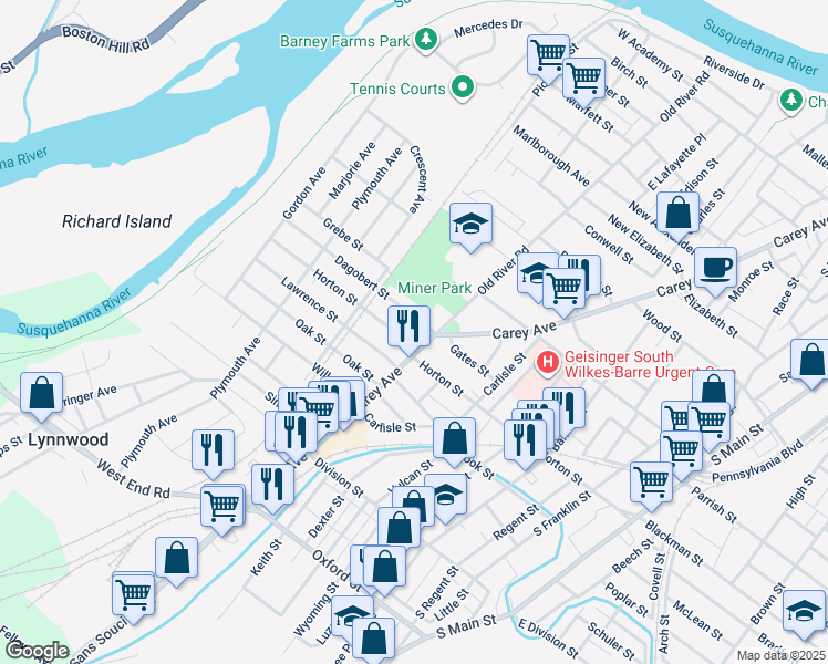map of restaurants, bars, coffee shops, grocery stores, and more near 328 Horton Street in Wilkes-Barre