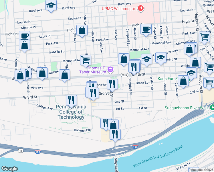 map of restaurants, bars, coffee shops, grocery stores, and more near 910 West 3rd Street in Williamsport
