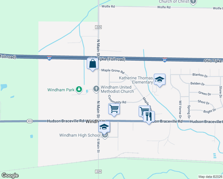 map of restaurants, bars, coffee shops, grocery stores, and more near 9544 Greenmeadow Road in Windham