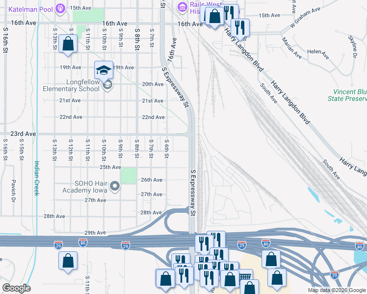 map of restaurants, bars, coffee shops, grocery stores, and more near 505 24th Avenue in Council Bluffs