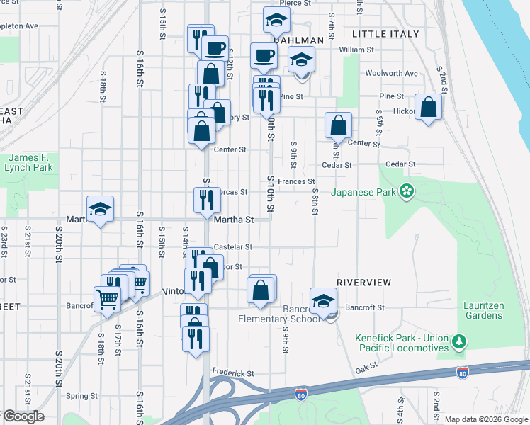 map of restaurants, bars, coffee shops, grocery stores, and more near 2308 South 10th Street in Omaha
