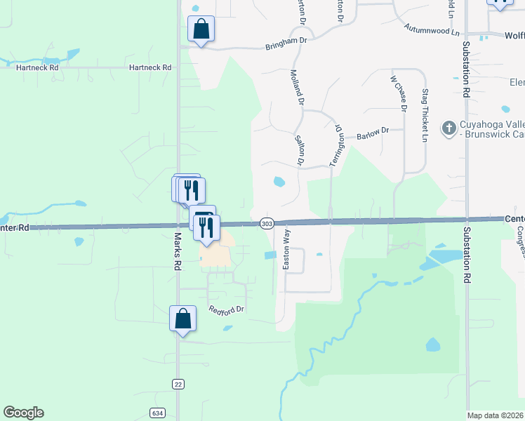map of restaurants, bars, coffee shops, grocery stores, and more near 5205 Center Road in Brunswick
