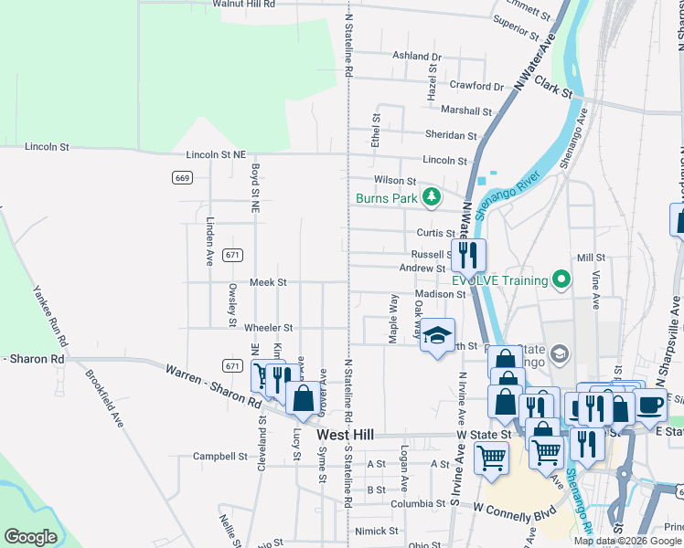 map of restaurants, bars, coffee shops, grocery stores, and more near 8254 Meek Street in Masury