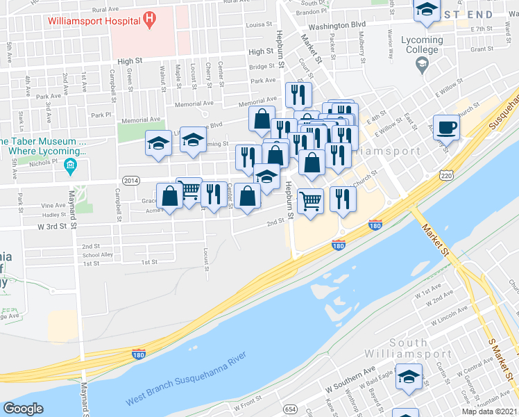 map of restaurants, bars, coffee shops, grocery stores, and more near 309 Elmira Street in Williamsport