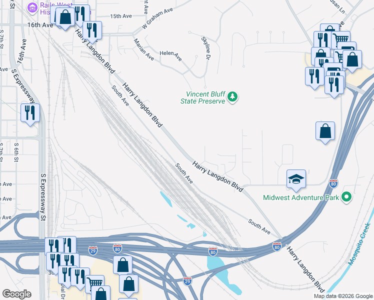 map of restaurants, bars, coffee shops, grocery stores, and more near 1806-2216 Harry Langdon Blvd in Council Bluffs