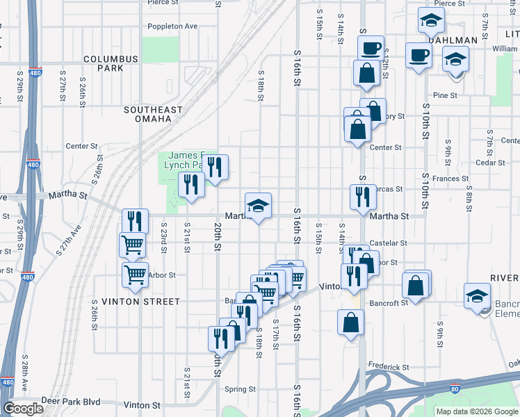 map of restaurants, bars, coffee shops, grocery stores, and more near 2221 South 18th Street in Omaha