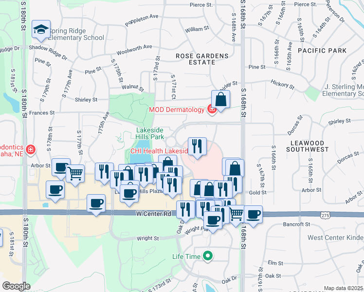 map of restaurants, bars, coffee shops, grocery stores, and more near 16949 Lakeside Hills Court in Omaha