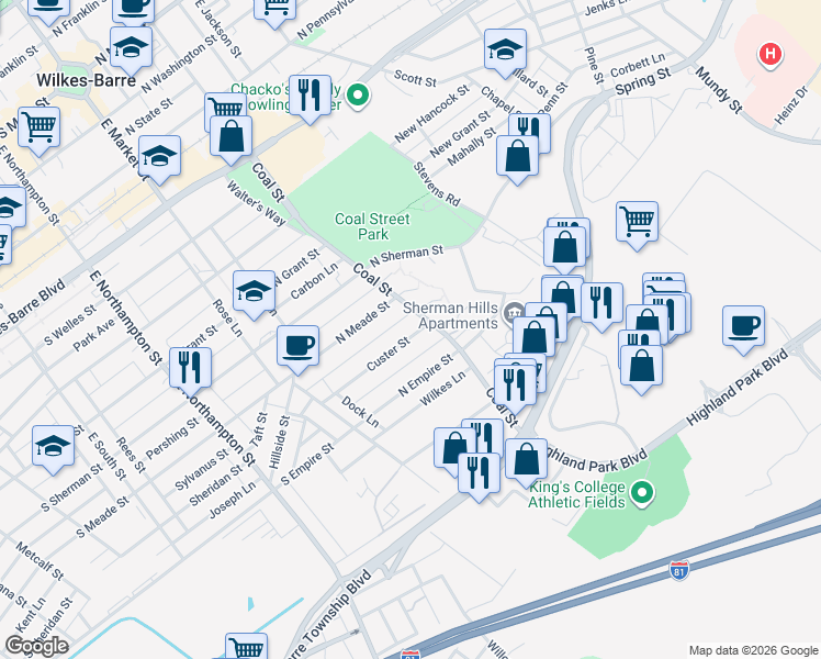 map of restaurants, bars, coffee shops, grocery stores, and more near 113 Custer Street in Wilkes-Barre