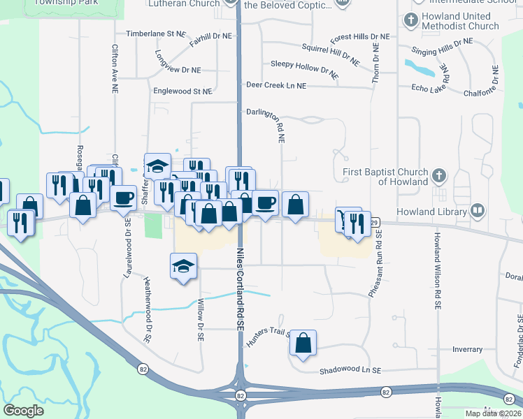 map of restaurants, bars, coffee shops, grocery stores, and more near 8480 East Market Street in Warren