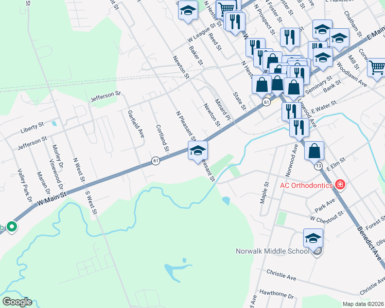 map of restaurants, bars, coffee shops, grocery stores, and more near 16 South Pleasant Street in Norwalk