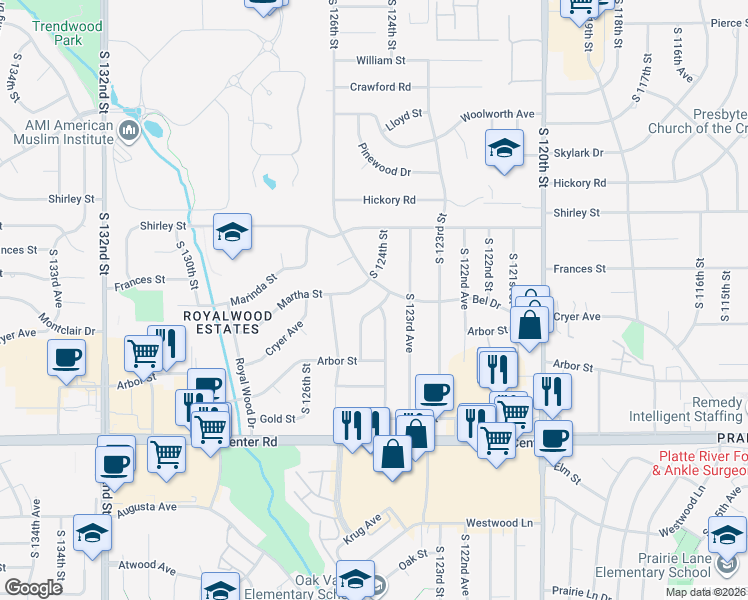 map of restaurants, bars, coffee shops, grocery stores, and more near 12431 Castelar Street in Omaha
