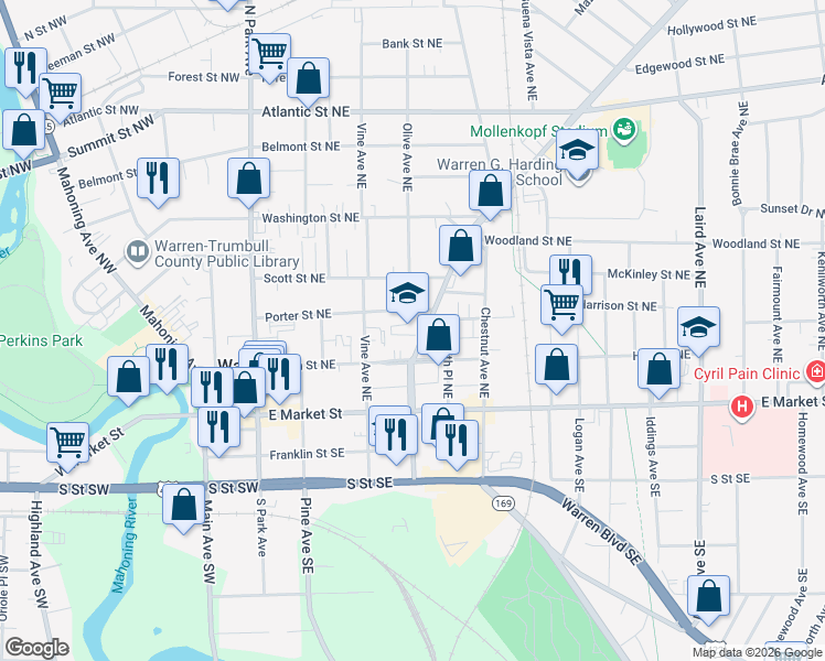 map of restaurants, bars, coffee shops, grocery stores, and more near 261 Elm Road Northeast in Warren