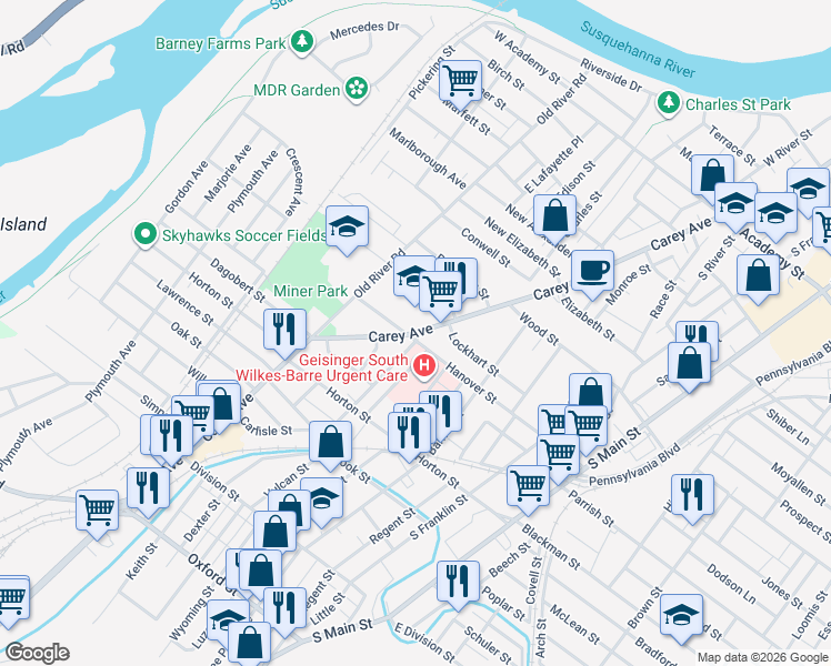 map of restaurants, bars, coffee shops, grocery stores, and more near Carey Avenue in Luzerne County