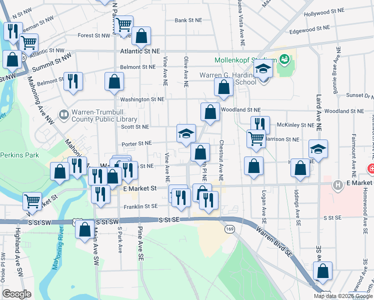 map of restaurants, bars, coffee shops, grocery stores, and more near 261 Elm Road Northeast in Warren