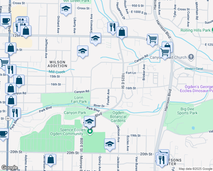 map of restaurants, bars, coffee shops, grocery stores, and more near 923 16th Street in Ogden