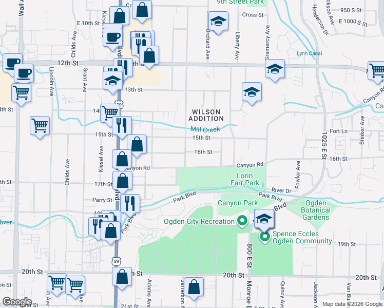 map of restaurants, bars, coffee shops, grocery stores, and more near 594 Canyon Road in Ogden
