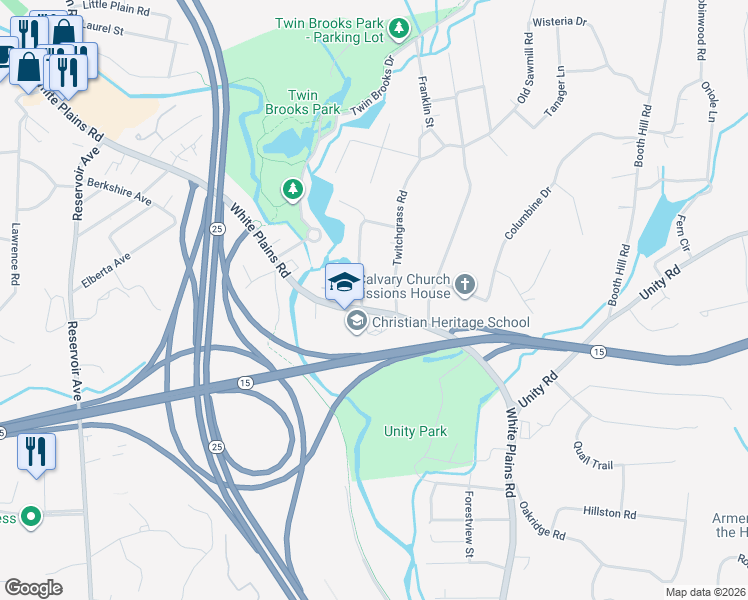 map of restaurants, bars, coffee shops, grocery stores, and more near 557 White Plains Road in Trumbull