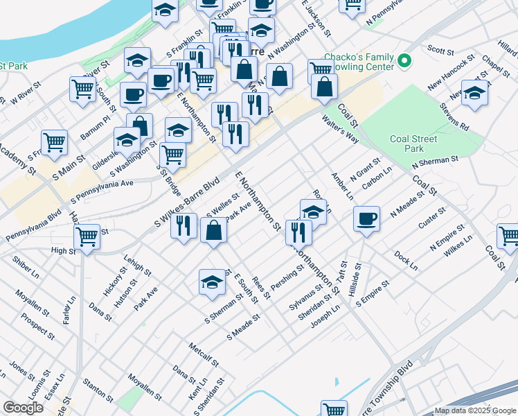 map of restaurants, bars, coffee shops, grocery stores, and more near in Wilkes-Barre