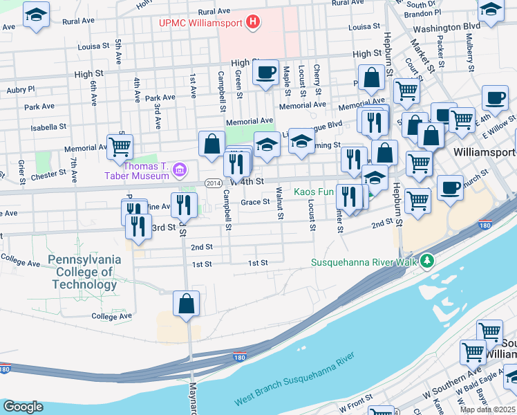 map of restaurants, bars, coffee shops, grocery stores, and more near 712 West 3rd Street in Williamsport