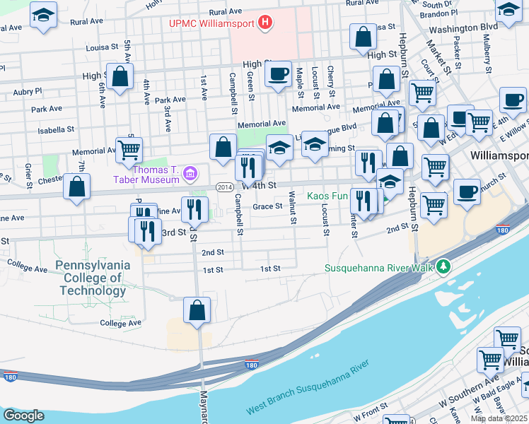 map of restaurants, bars, coffee shops, grocery stores, and more near 754 West 3rd Street in Williamsport