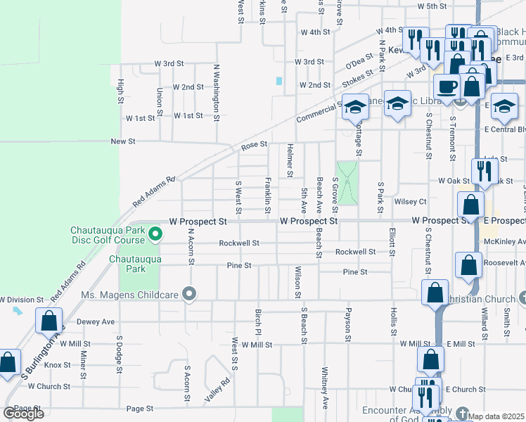 map of restaurants, bars, coffee shops, grocery stores, and more near 1013 West Prospect Street in Kewanee