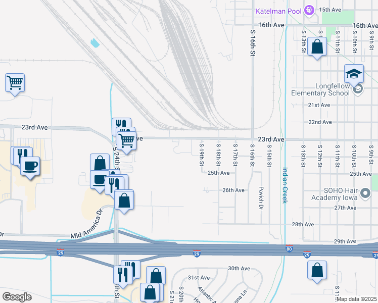 map of restaurants, bars, coffee shops, grocery stores, and more near 2408 South 19th Street in Council Bluffs