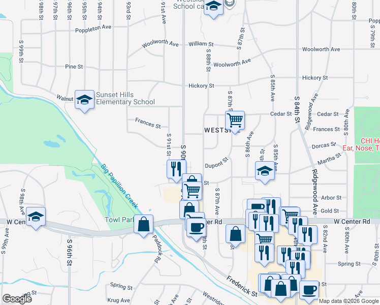 map of restaurants, bars, coffee shops, grocery stores, and more near in Omaha