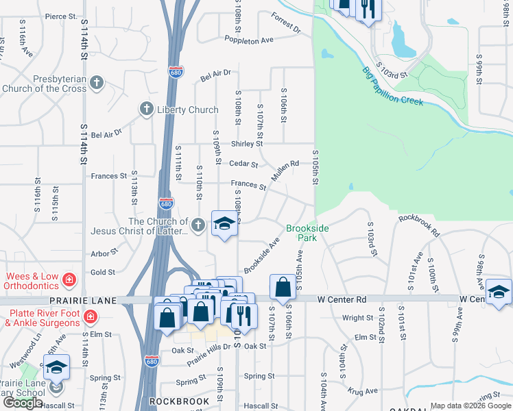 map of restaurants, bars, coffee shops, grocery stores, and more near 2155 South 108th Street in Omaha