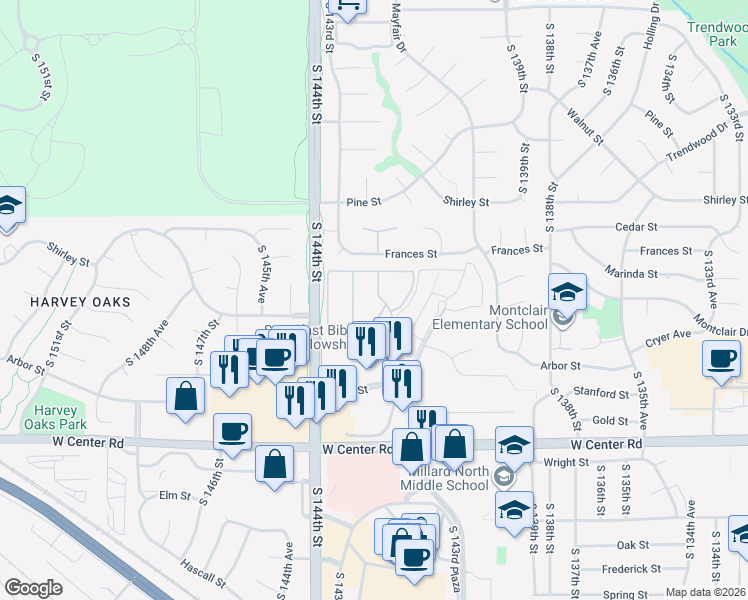 map of restaurants, bars, coffee shops, grocery stores, and more near 14262 Castelar Plaza in Omaha