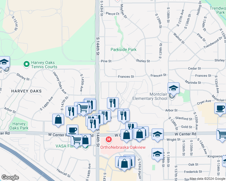 map of restaurants, bars, coffee shops, grocery stores, and more near 14262 Castelar Plaza in Omaha