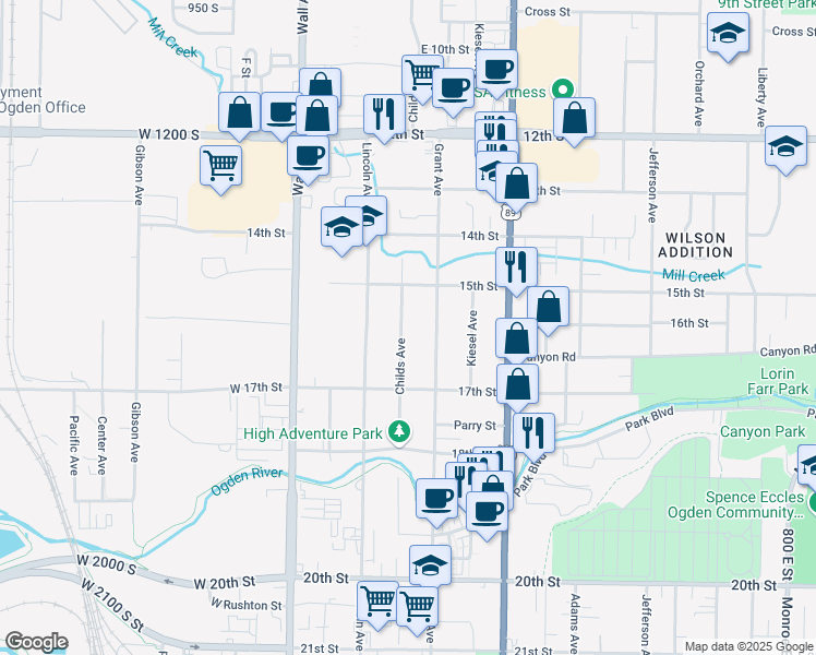 map of restaurants, bars, coffee shops, grocery stores, and more near 1604 Childs Avenue in Ogden