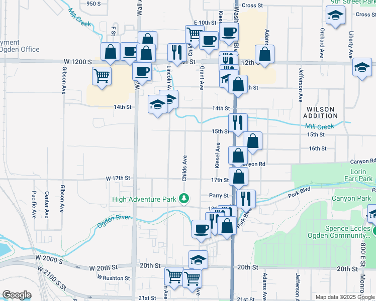 map of restaurants, bars, coffee shops, grocery stores, and more near 1604 Childs Avenue in Ogden