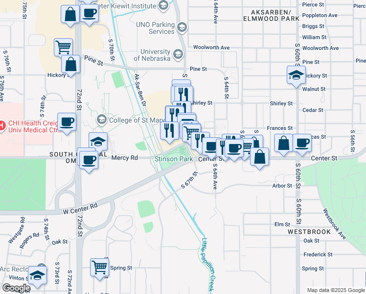 map of restaurants, bars, coffee shops, grocery stores, and more near 2285 South 67th Street in Omaha