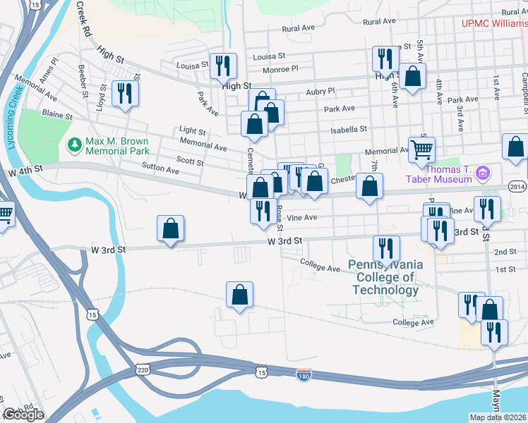 map of restaurants, bars, coffee shops, grocery stores, and more near 1400-1446 West 3rd Street in Williamsport