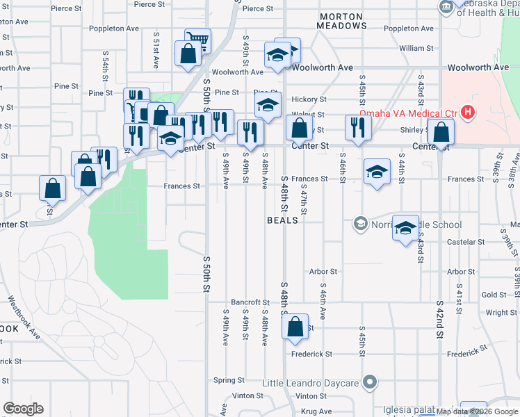map of restaurants, bars, coffee shops, grocery stores, and more near 2153 South 48th Avenue in Omaha