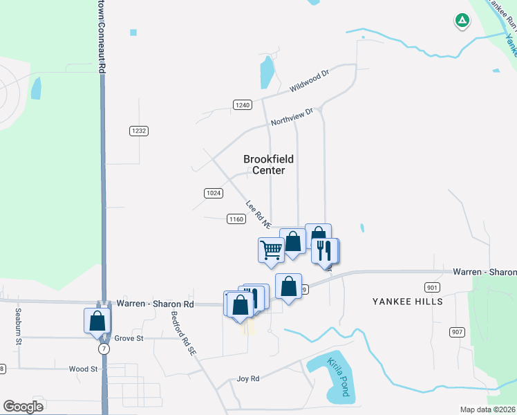 map of restaurants, bars, coffee shops, grocery stores, and more near 7192 Lee Road Northeast in Brookfield Center