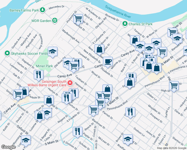 map of restaurants, bars, coffee shops, grocery stores, and more near 48 Barney Street in Wilkes-Barre