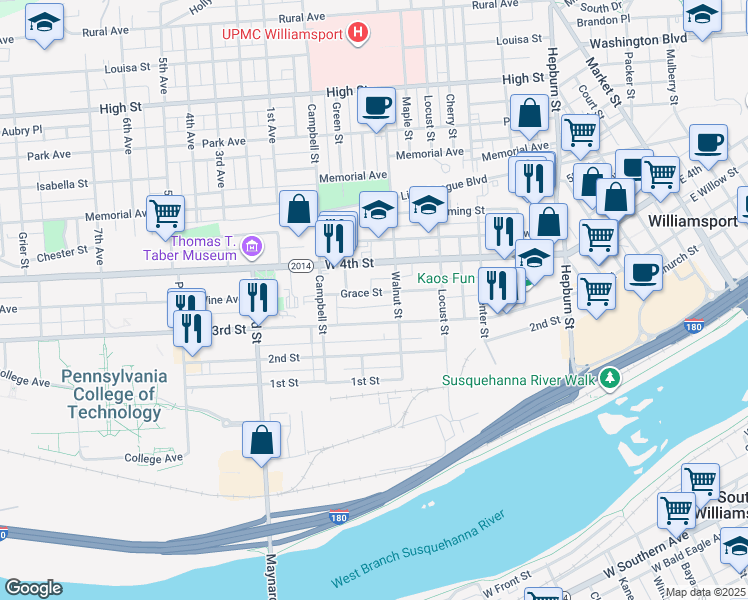 map of restaurants, bars, coffee shops, grocery stores, and more near 712 West 3rd Street in Williamsport