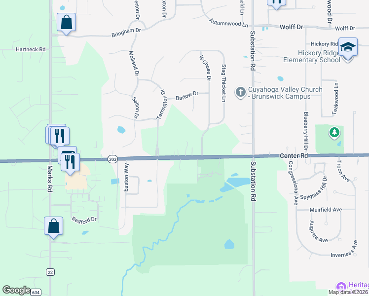 map of restaurants, bars, coffee shops, grocery stores, and more near 5023 Center Road in Brunswick